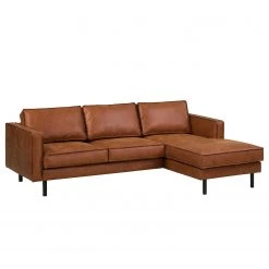Ars manufacti Ecksofa FORT DODGE - Antiklederlook - Microfaser Yaka: Cognac - Longchair davorstehend rechts - Ohne Schlaffunktion