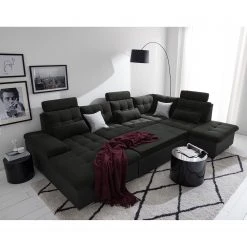 Fredriks Wohnlandschaft Puntiro I - Kunstleder Lilo / Strukturstoff Satur: Schwarz / Anthrazit - Longchair davorstehend links / Ottomane rechts -Wohnzimmermöbel boutique en ligne 1000021540 210614 18402100119 MOOD DETAILS P000000001000021540 mood