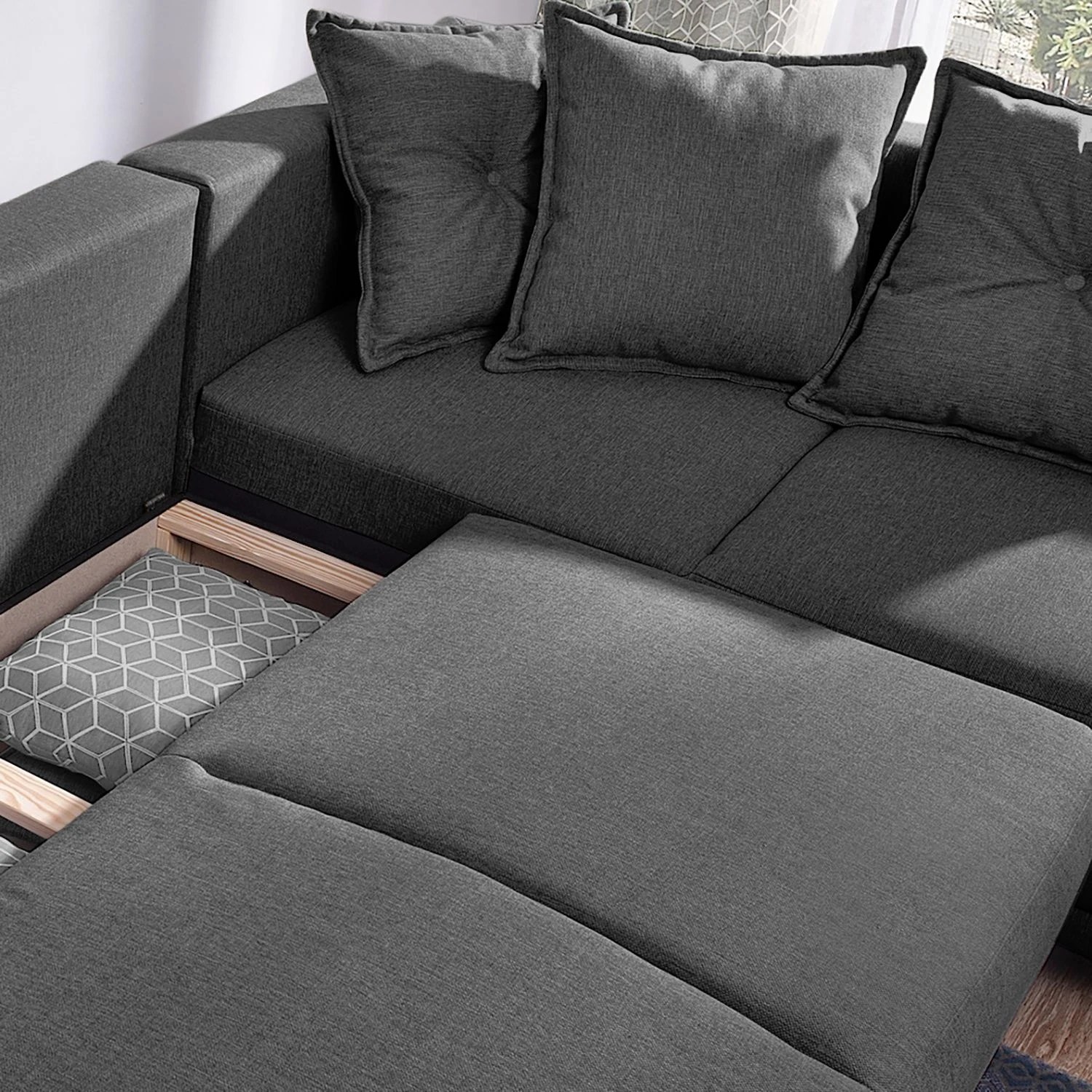 Loftscape Wohnlandschaft Panica I - Webstoff - Schlaffunktion - Dunkelgrau - Ottomane davorstehend links 9 Loftscape Wohnlandschaft Panica I - Webstoff - Schlaffunktion - Dunkelgrau - Ottomane davorstehend links – Bild 9