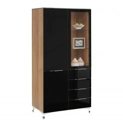 Maja Möbel Vitrinenschrank Shino - Inkl. Beleuchtung - Glas Schwarz / Eiche Riviera Dekor