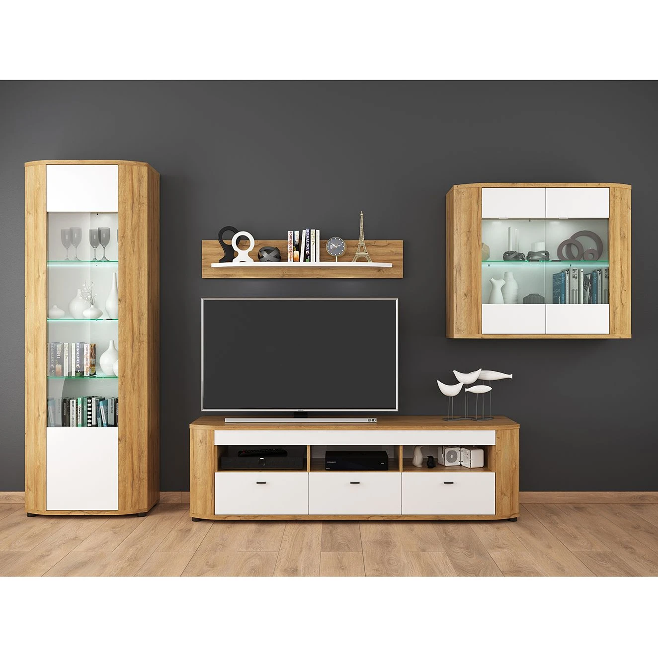 Loftscape Wohnwand Machado (4-teilig) - Hochglanz Weiß / Eiche Grandson Dekor 1 Loftscape Wohnwand Machado (4-teilig) - Hochglanz Weiß / Eiche Grandson Dekor