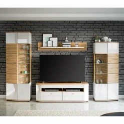 Loftscape Wohnkombination Jaguare (4-teilig) - Hochglanz Weiß / Eiche Ribbeck Dekor