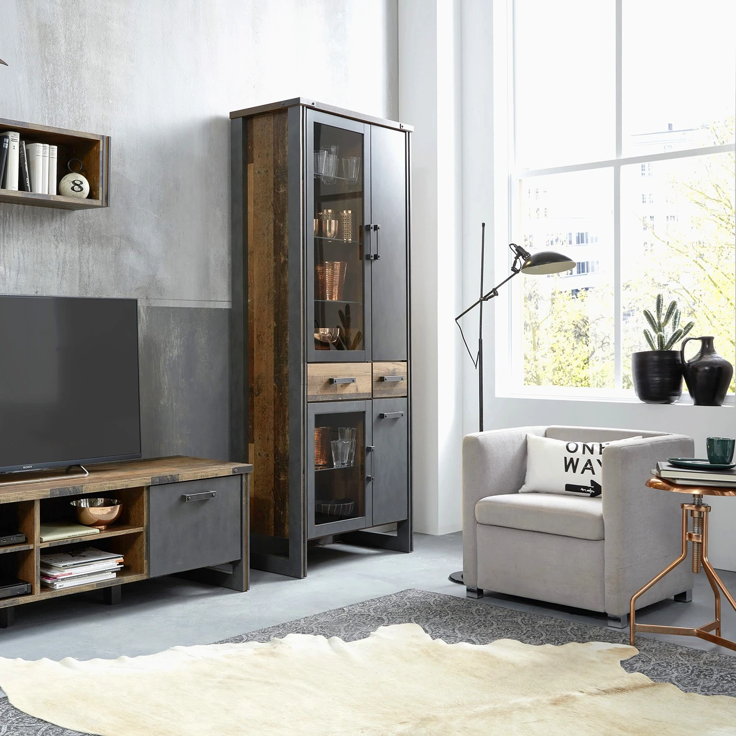 Trendteam Vitrinenschrank Prime - Altholz Pinie Dekor / Anthrazit 2 Trendteam Vitrinenschrank Prime - Altholz Pinie Dekor / Anthrazit – Bild 2