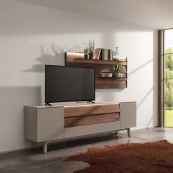 GWINNER Wohnkombination Misano III (2-teilig) - Saharagrau / Balkeneiche - Mit Beleuchtung