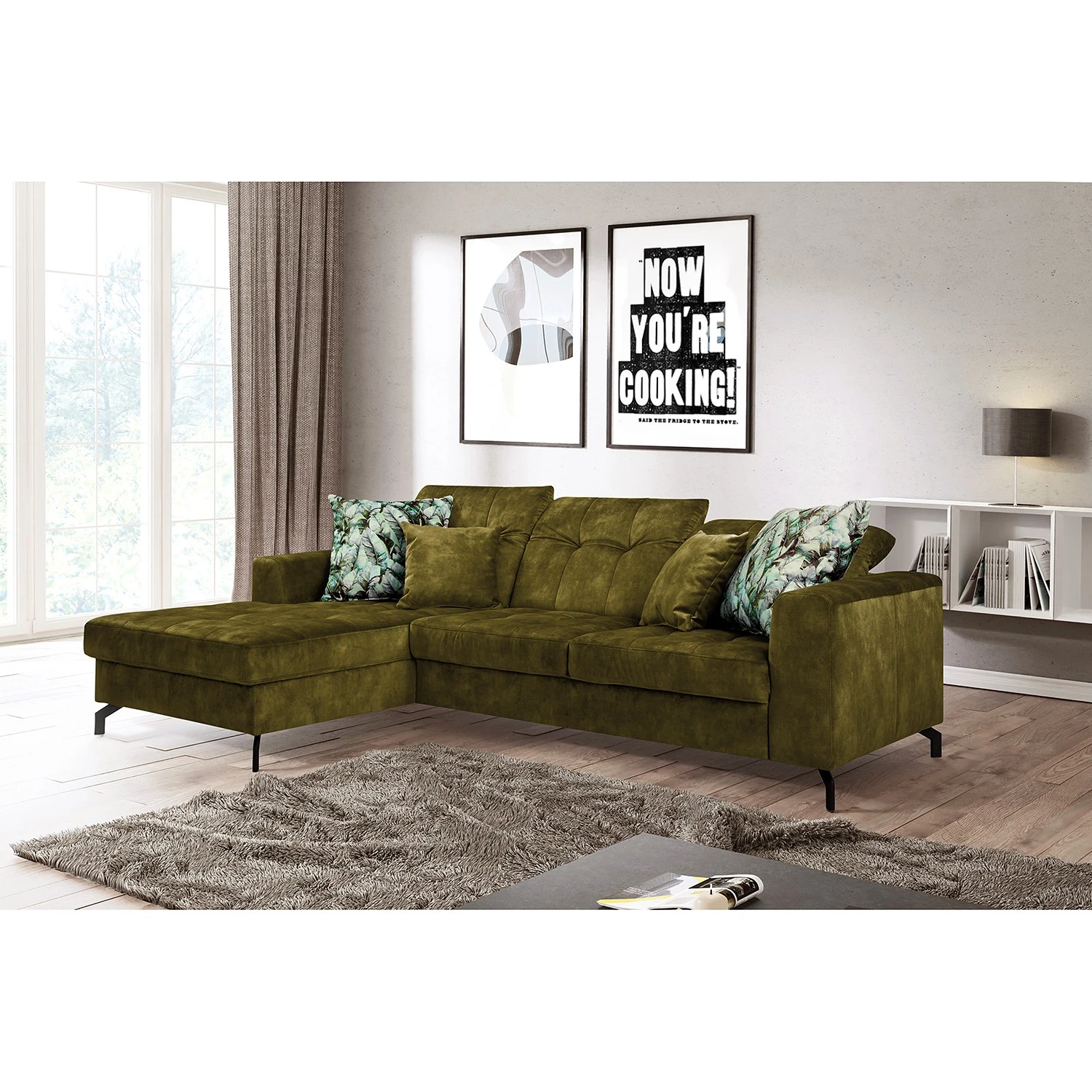 Fredriks Ecksofa Atmore - Samt - Olivgelb - Longchair davorstehend links 3 Fredriks Ecksofa Atmore - Samt - Olivgelb - Longchair davorstehend links – Bild 3