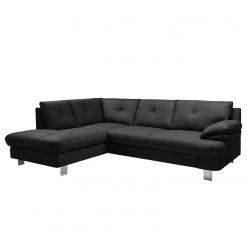 Fredriks Ecksofa NoDa - Echtleder - Schwarz - Ottomane davorstehend links - Schlaffunktion - Bettkasten