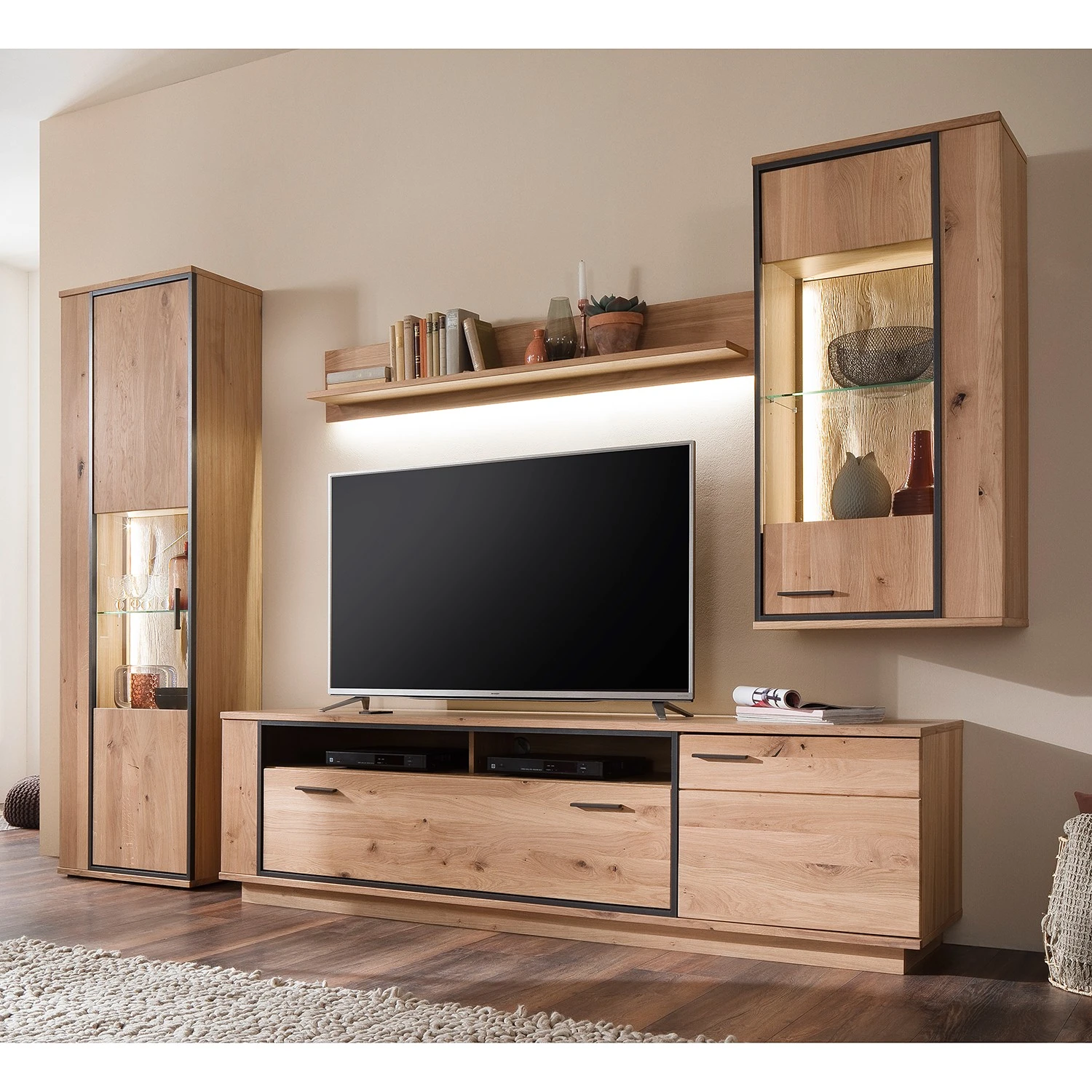 Naturoo Wohnwand Doora II (4-teilig) - Asteiche teilmassiv - Asteiche Bianco / Graphit 2 Naturoo Wohnwand Doora II (4-teilig) - Asteiche teilmassiv - Asteiche Bianco / Graphit – Bild 2