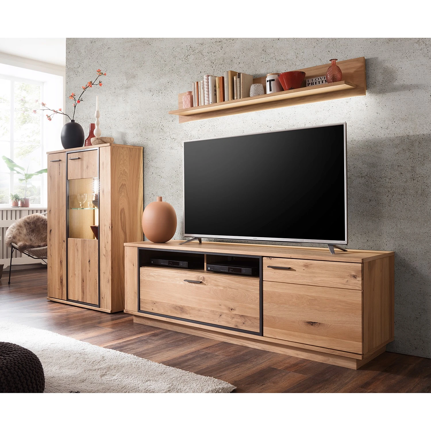 Naturoo Wohnwand Doora III (3-teilig) - Asteiche teilmassiv - Asteiche Bianco / Graphit 2 Naturoo Wohnwand Doora III (3-teilig) - Asteiche teilmassiv - Asteiche Bianco / Graphit – Bild 2