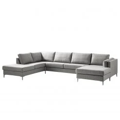 Studio Copenhagen Wohnlandschaft COSO Classic+ - Webstoff Inze: Hellgrau - Longchair davorstehend rechts / Ottomane links - Bettkasten - Chrom glänzend