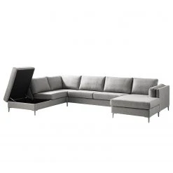 Studio Copenhagen Wohnlandschaft COSO Classic+ - Webstoff Inze: Hellgrau - Longchair davorstehend rechts / Ottomane links - Bettkasten - Chrom glänzend -Wohnzimmermöbel boutique en ligne 1000212027 200811 17103801666 DETAILS P000000001000212027