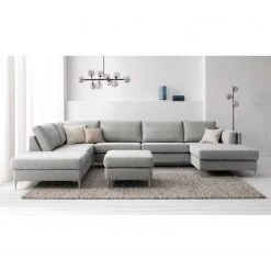 Studio Copenhagen Wohnlandschaft COSO Classic+ - Webstoff Inze: Hellgrau - Longchair davorstehend rechts / Ottomane links - Bettkasten - Chrom glänzend -Wohnzimmermöbel boutique en ligne 1000212027 200923 09521000718 MOOD DETAILS P000000001000212027 mood