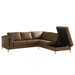 Studio Copenhagen Ecksofa COSO Classic+ mit Ottomane - Echtleder Taru: Nougat - Breite: 245 cm - Ottomane davorstehend rechts - Bettkasten - Eiche Dunkel -Wohnzimmermöbel boutique en ligne 1000212869 200825 13325700552 DETAILS P000000001000212869