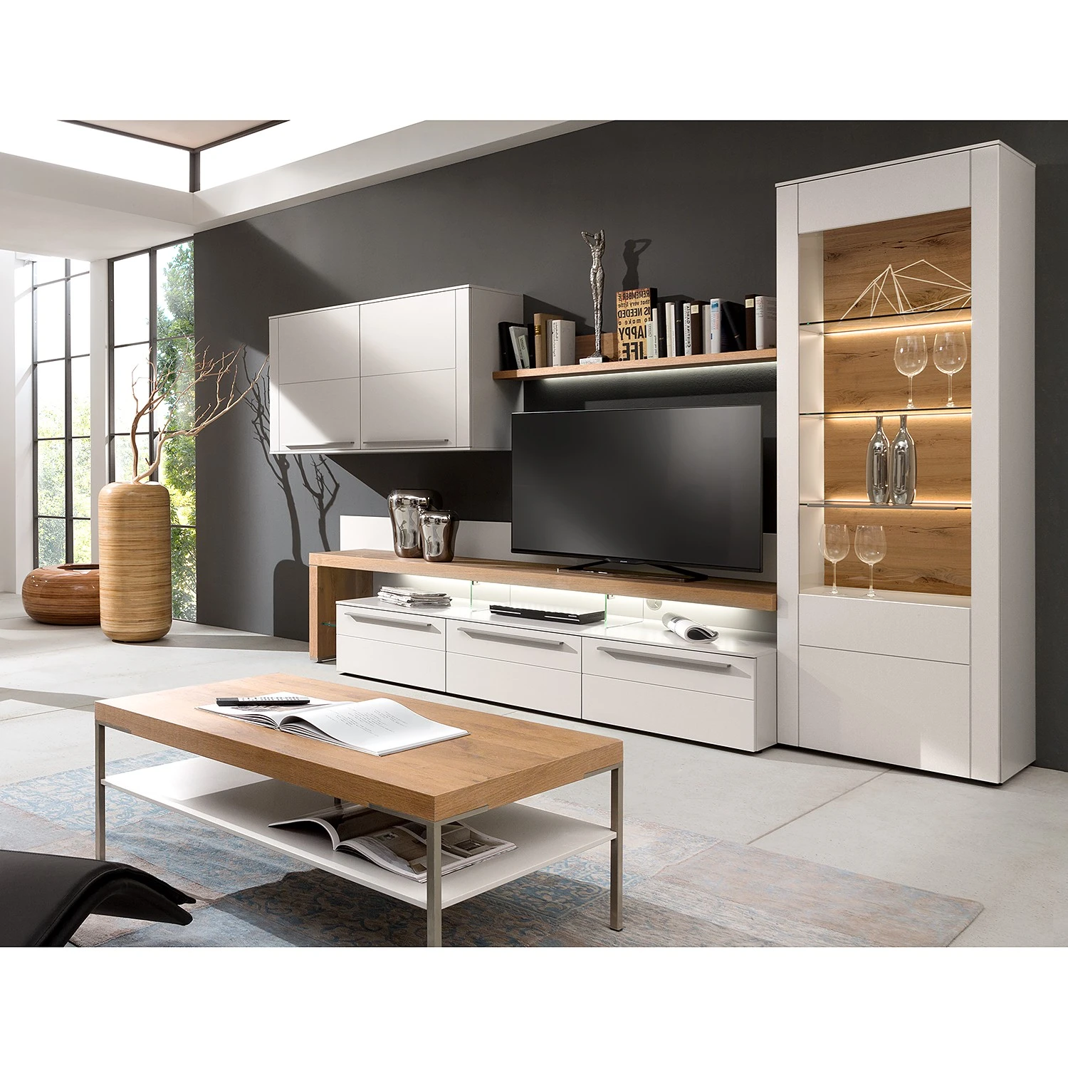 GWINNER Wohnwand Bellano I (4-teilig) - Echtholzfurnier - Matt Weiß / Balkeneiche - Ausrichtung links - Ohne Beleuchtung 2 GWINNER Wohnwand Bellano I (4-teilig) - Echtholzfurnier - Matt Weiß / Balkeneiche - Ausrichtung links - Ohne Beleuchtung – Bild 2