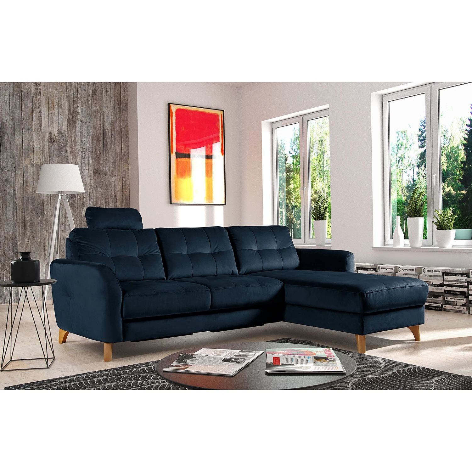 Loftscape Ecksofa Heimari I - Samt Safa: Dunkelblau - Longchair davorstehend rechts - Mit Schlaffunktion 2 Loftscape Ecksofa Heimari I - Samt Safa: Dunkelblau - Longchair davorstehend rechts - Mit Schlaffunktion – Bild 2