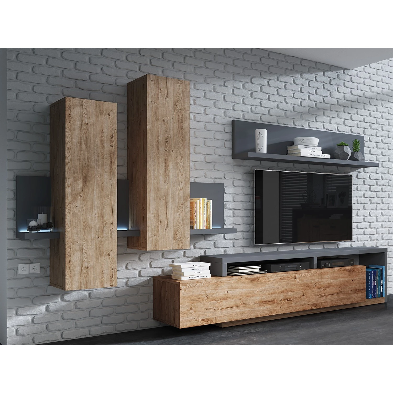 Loftscape Wohnwand Littor (3-teilig) - inkl. Beleuchtung - Eiche Dekor / Anthrazit 1 Loftscape Wohnwand Littor (3-teilig) - inkl. Beleuchtung - Eiche Dekor / Anthrazit