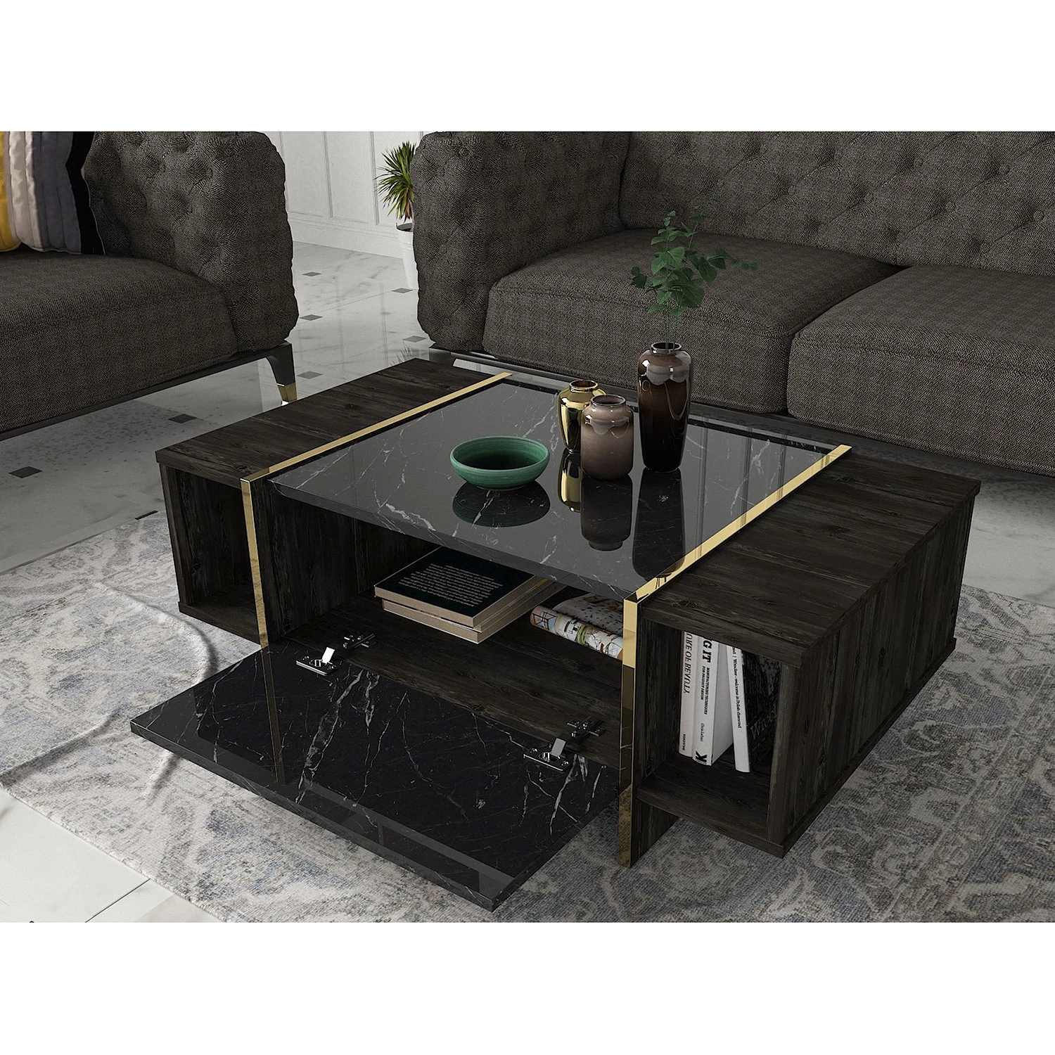 Loftscape Couchtisch Vidal - Marmor Schwarz Dekor / Walnuss Dekor / Gold 3 Loftscape Couchtisch Vidal - Marmor Schwarz Dekor / Walnuss Dekor / Gold – Bild 3