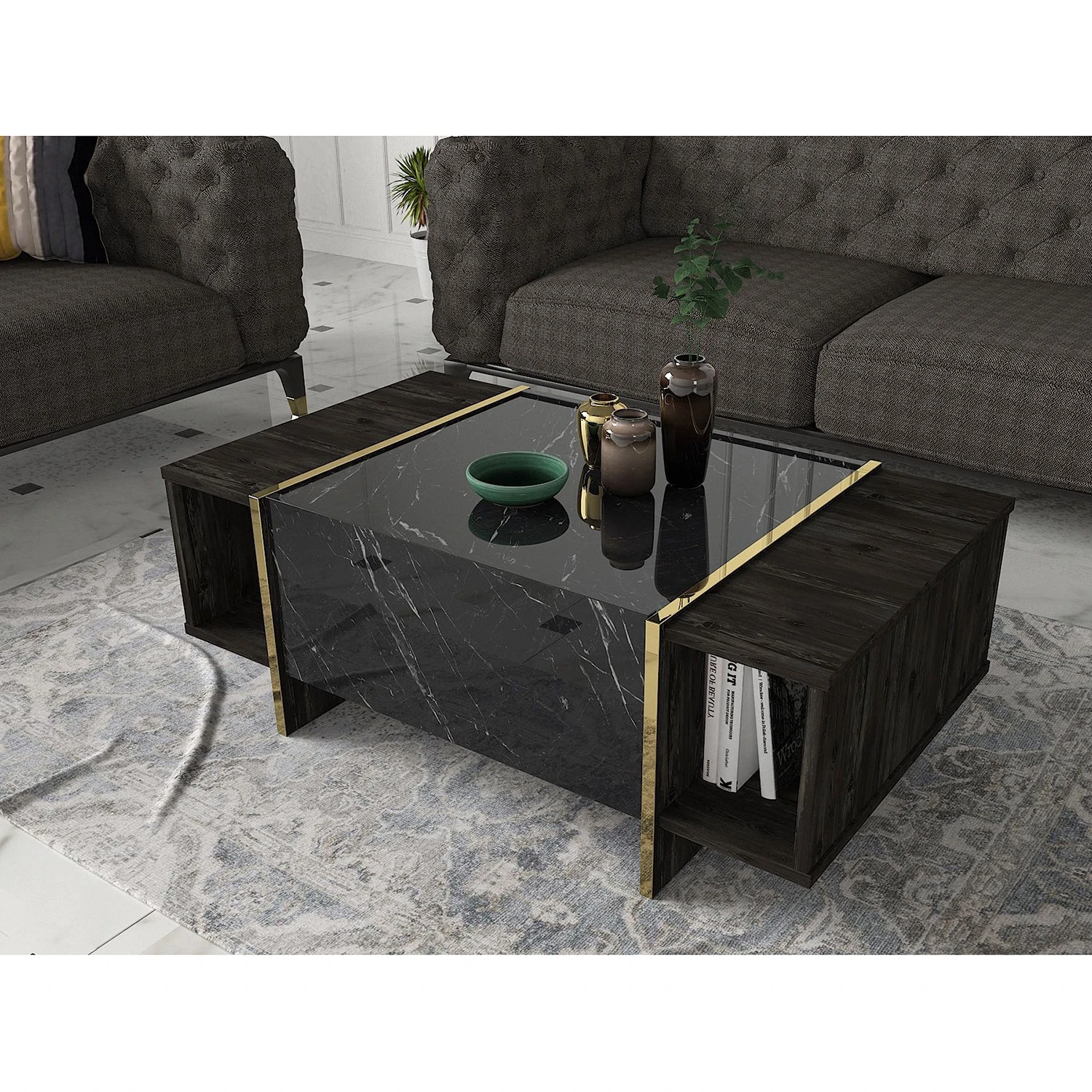 Loftscape Couchtisch Vidal - Marmor Schwarz Dekor / Walnuss Dekor / Gold 4 Loftscape Couchtisch Vidal - Marmor Schwarz Dekor / Walnuss Dekor / Gold – Bild 4