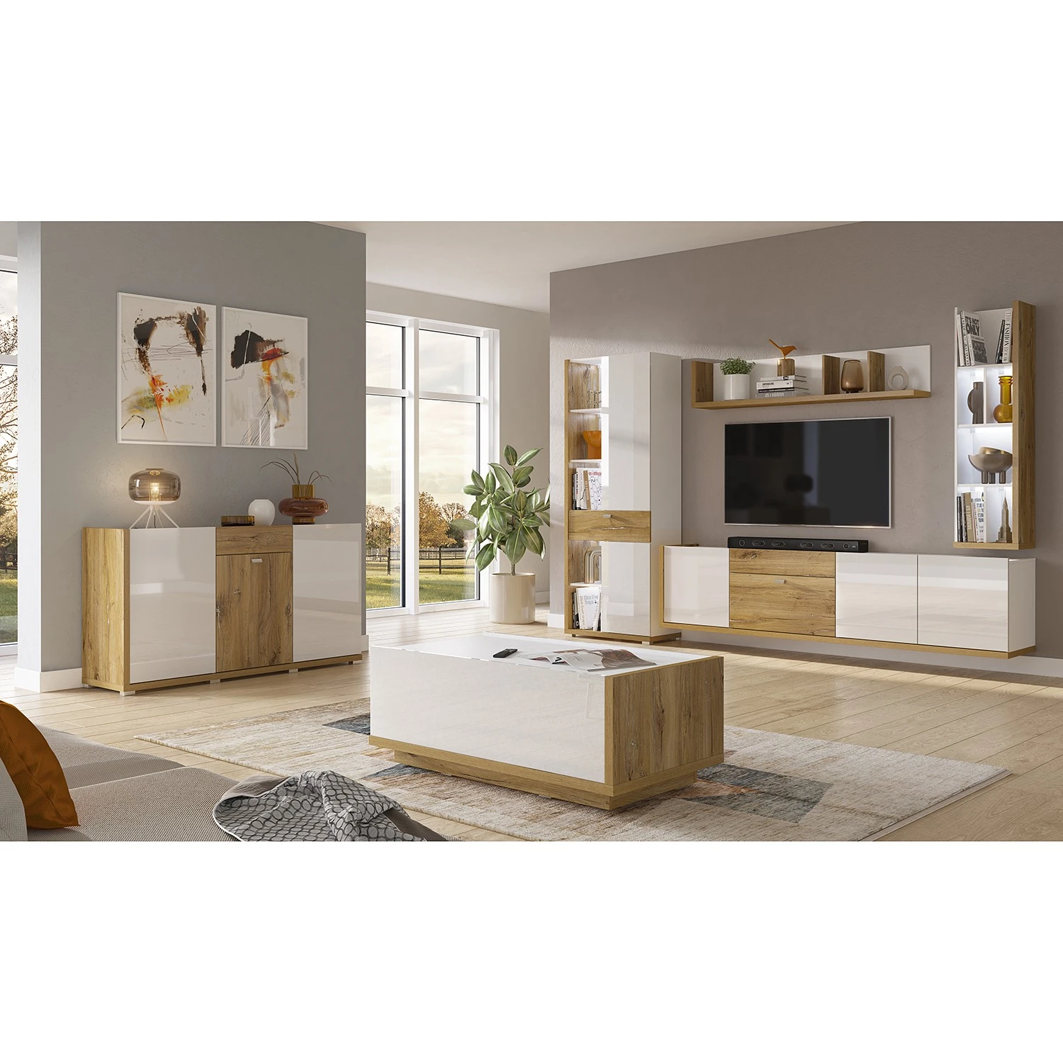 Loftscape Sideboard Lahntal - Hochglanz Weiß / Risseiche Dekor 2 Loftscape Sideboard Lahntal - Hochglanz Weiß / Risseiche Dekor – Bild 2