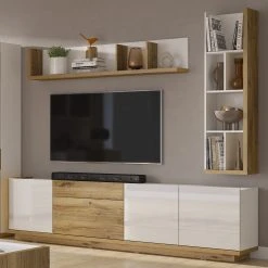 Loftscape Wohnwand Lahntal I (3-teilig) - Hochglanz Weiß / Risseiche Dekor