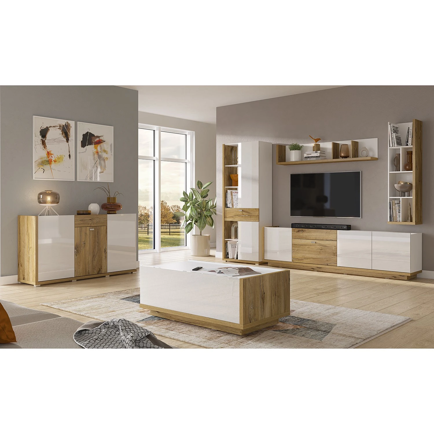 Loftscape Wohnwand Lahntal II (4-teilig) - Hochglanz Weiß / Risseiche Dekor 2 Loftscape Wohnwand Lahntal II (4-teilig) - Hochglanz Weiß / Risseiche Dekor – Bild 2