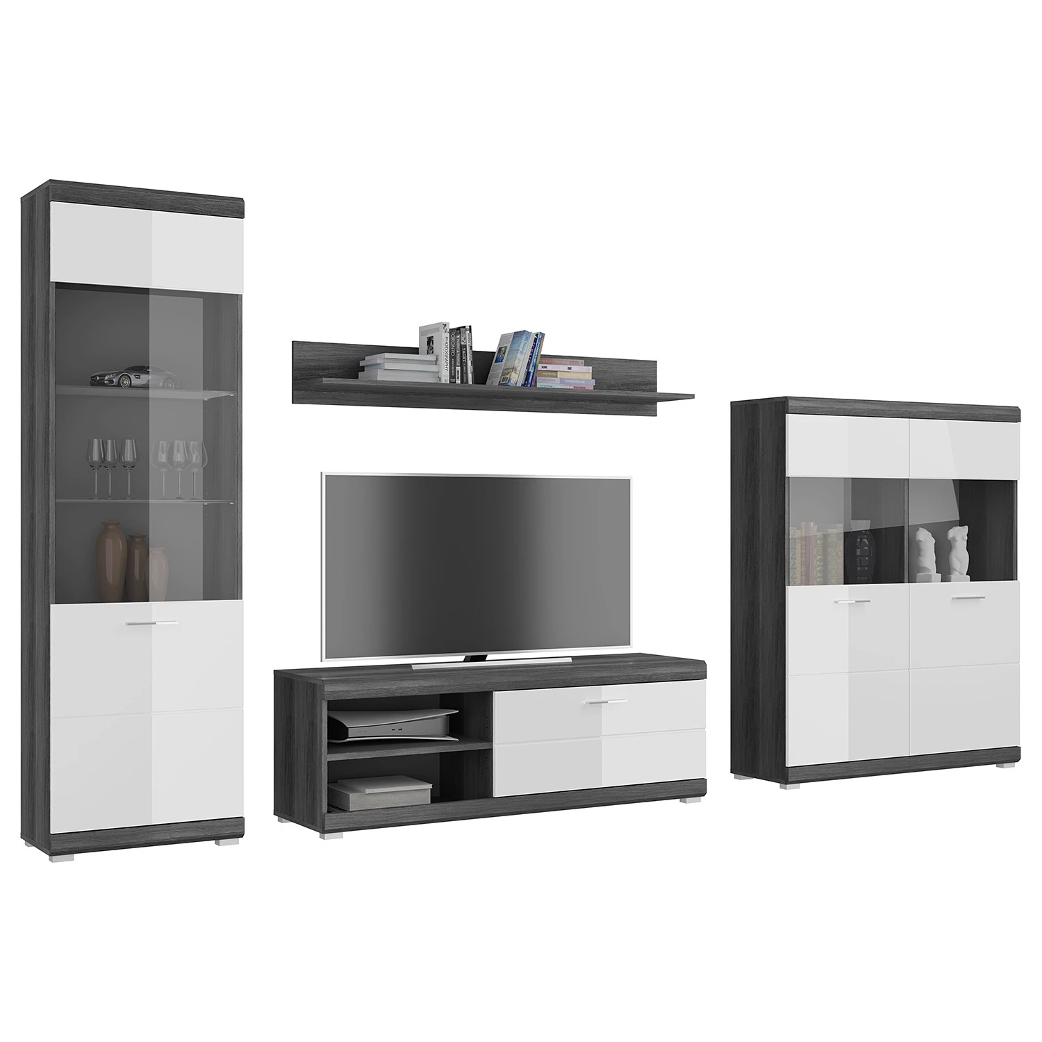 Loftscape Wohnwand Sarai I (4-teilig) - Hochglanz Weiß / Eiche Grau Dekor 1 Loftscape Wohnwand Sarai I (4-teilig) - Hochglanz Weiß / Eiche Grau Dekor