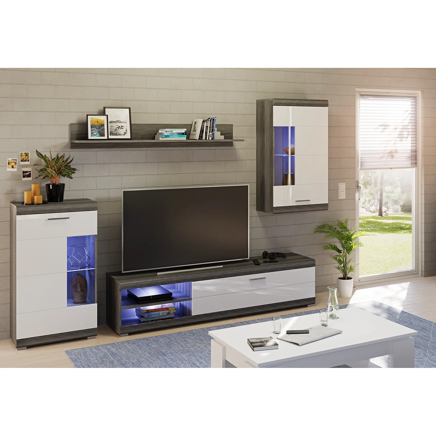 Loftscape Wohnwand Sarai IV (4-teilig) - Inkl. Beleuchtung - Hochglanz Weiß / Eiche Grau Dekor 2 Loftscape Wohnwand Sarai IV (4-teilig) - Inkl. Beleuchtung - Hochglanz Weiß / Eiche Grau Dekor – Bild 2