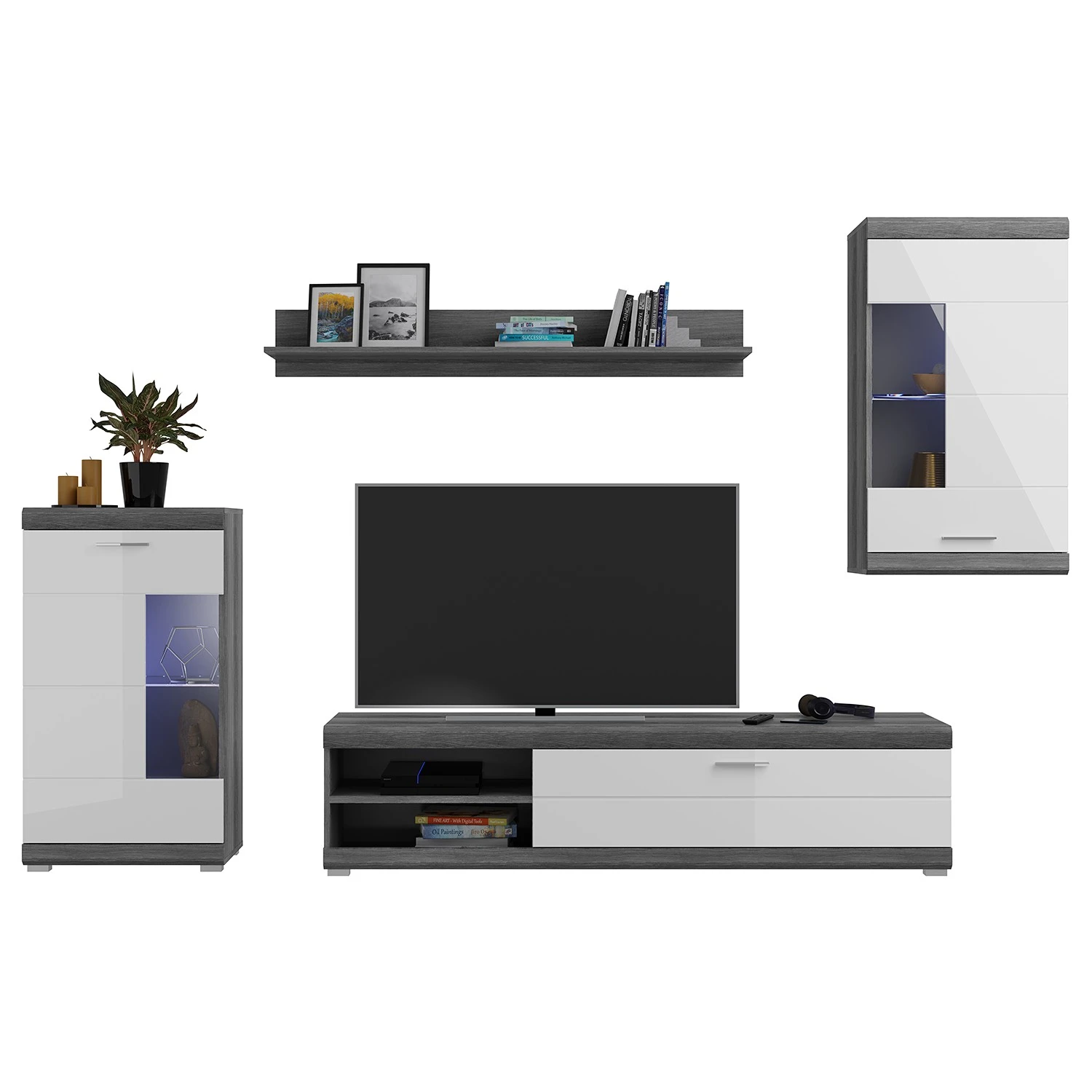 Loftscape Wohnwand Sarai IV (4-teilig) - Inkl. Beleuchtung - Hochglanz Weiß / Eiche Grau Dekor 4 Loftscape Wohnwand Sarai IV (4-teilig) - Inkl. Beleuchtung - Hochglanz Weiß / Eiche Grau Dekor – Bild 4