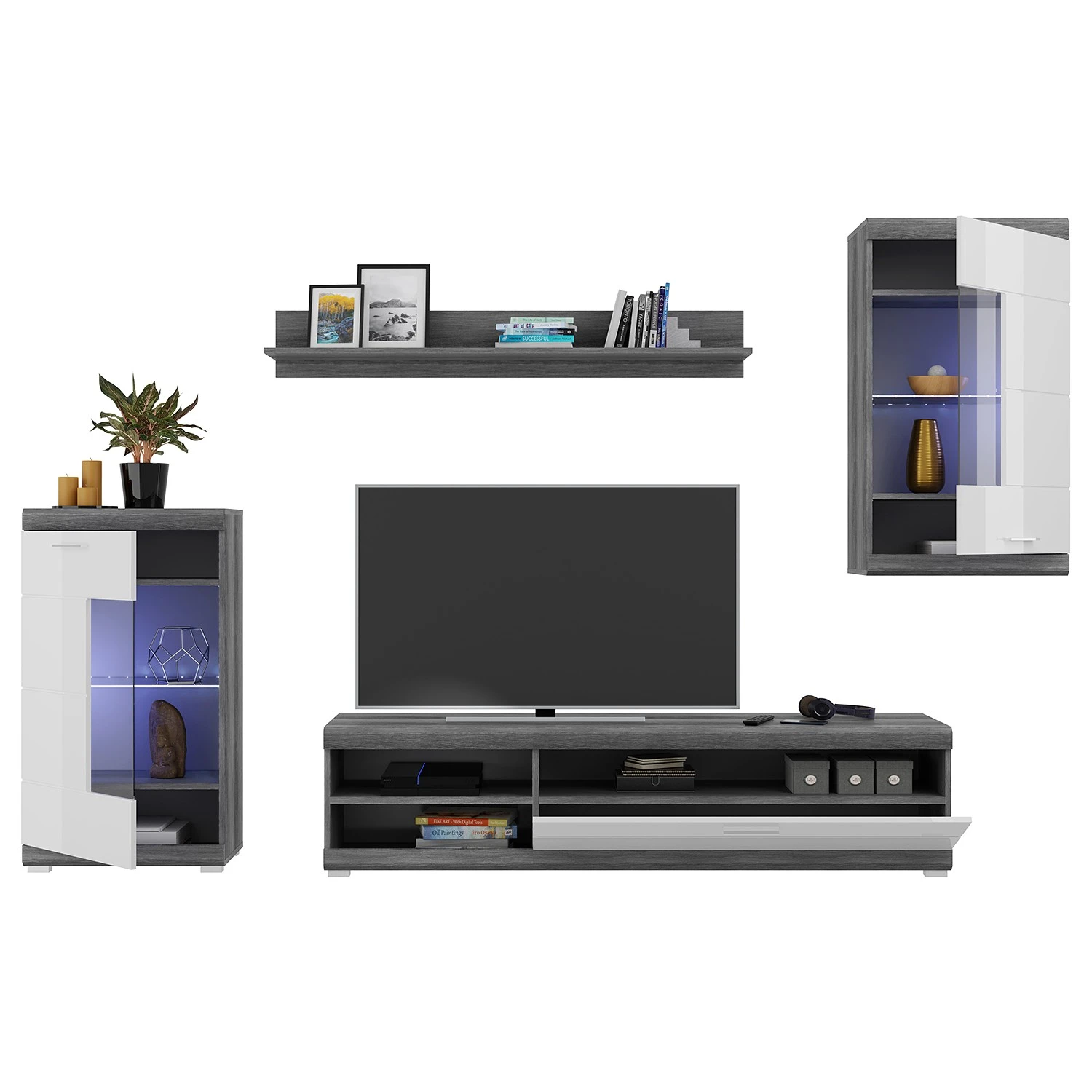 Loftscape Wohnwand Sarai IV (4-teilig) - Inkl. Beleuchtung - Hochglanz Weiß / Eiche Grau Dekor 5 Loftscape Wohnwand Sarai IV (4-teilig) - Inkl. Beleuchtung - Hochglanz Weiß / Eiche Grau Dekor – Bild 5