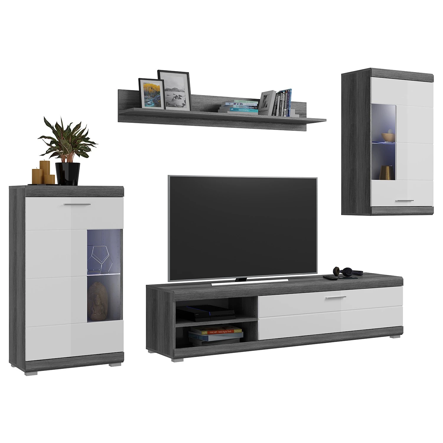 Loftscape Wohnwand Sarai IV (4-teilig) - Inkl. Beleuchtung - Hochglanz Weiß / Eiche Grau Dekor 6 Loftscape Wohnwand Sarai IV (4-teilig) - Inkl. Beleuchtung - Hochglanz Weiß / Eiche Grau Dekor – Bild 6