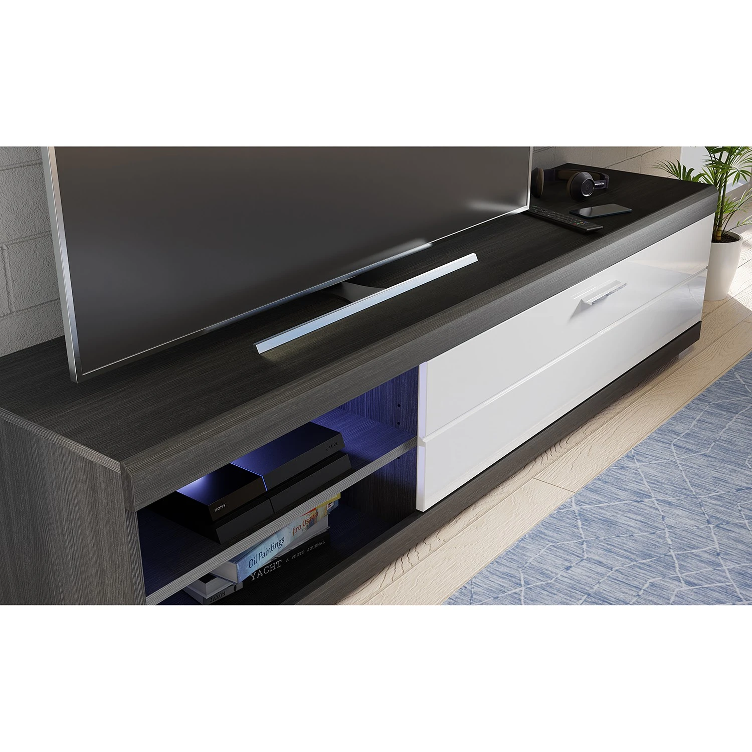 Loftscape Wohnwand Sarai IV (4-teilig) - Inkl. Beleuchtung - Hochglanz Weiß / Eiche Grau Dekor 10 Loftscape Wohnwand Sarai IV (4-teilig) - Inkl. Beleuchtung - Hochglanz Weiß / Eiche Grau Dekor – Bild 10