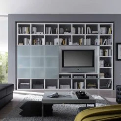 Loftscape Wohnwand Empire - Weiß Hochglanz - Satinierte Glasschiebetür